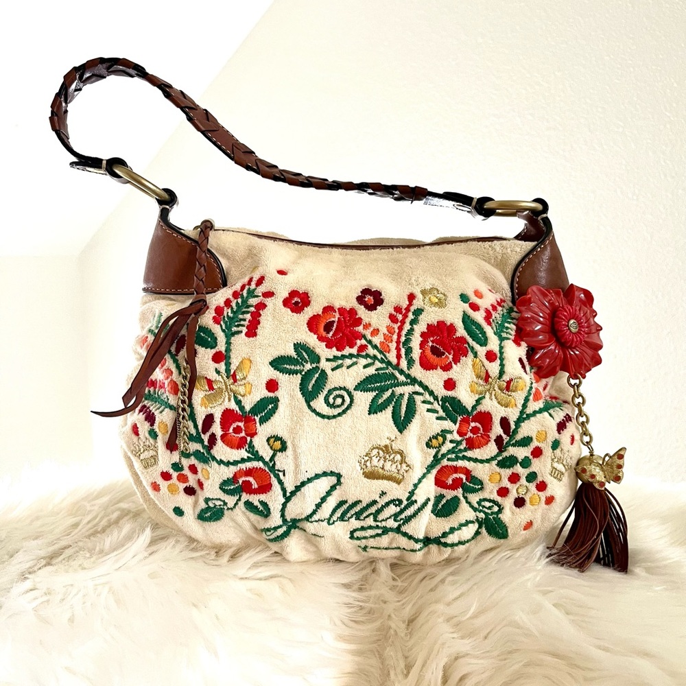 EUC Y2K HTF Vintage Embroidered Red Floral Juicy Couture Cream Satchel Bag